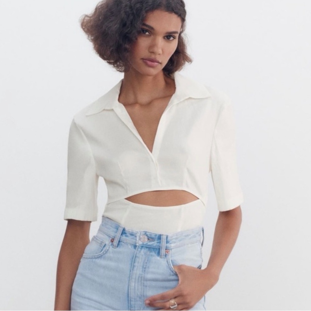 Zara white cut out shirt sleeve collard shirt bodysuit L